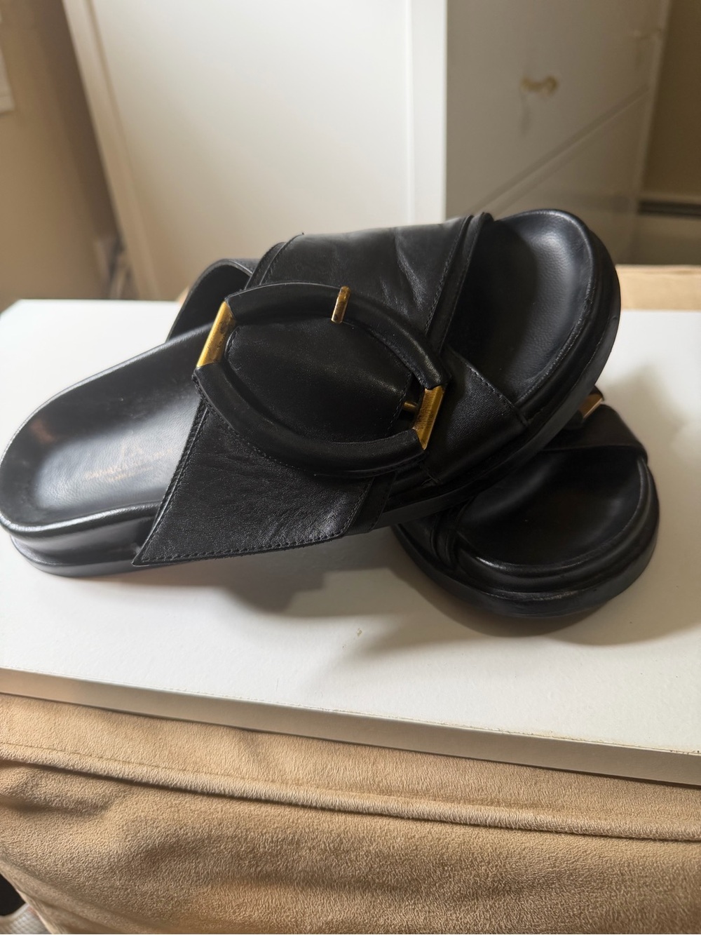 Banana Republic Ravello Leather Slide Sandals Black Made in Italy